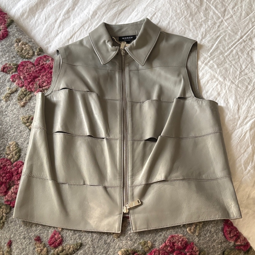Worth Grey Leather Zip Up Vest Jacket